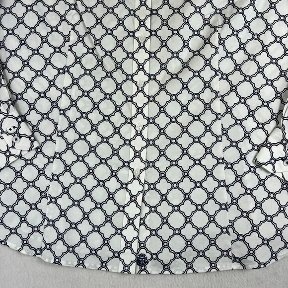 Talbots Shirt Womens Button Up 16 White Navy Blue Geometric Print Long Sleeve - Picture 10 of 13
